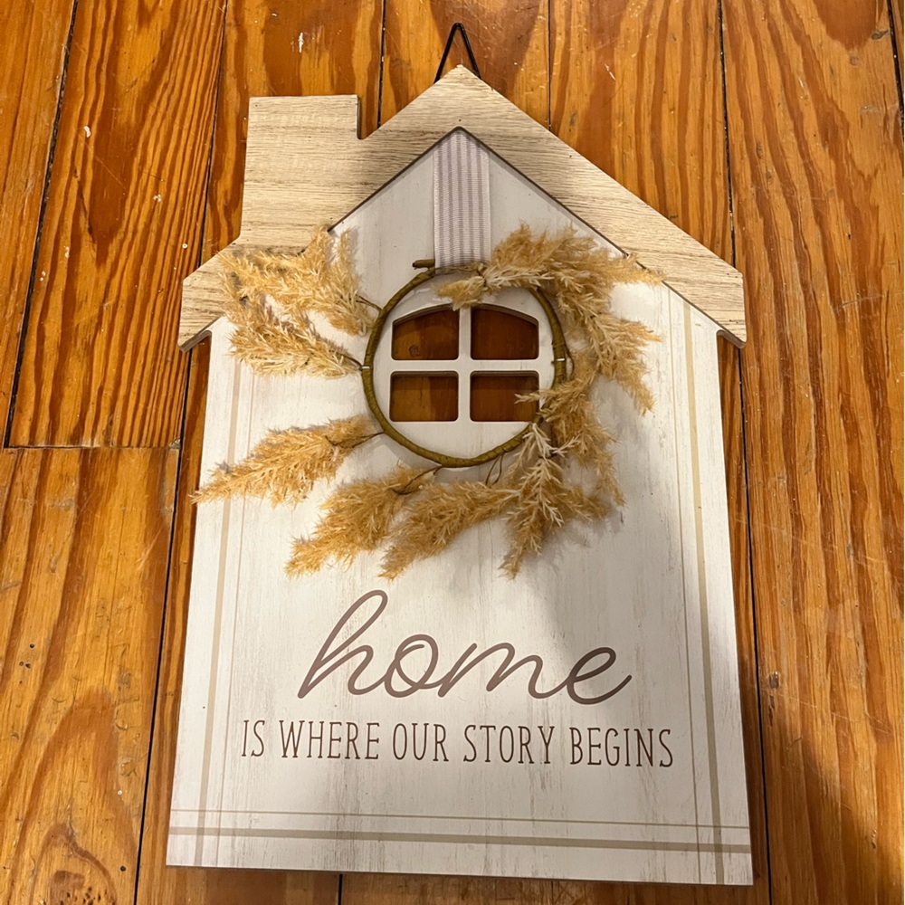 Wooden 'Home' Wall Plaque with Dried Pampas Wreath